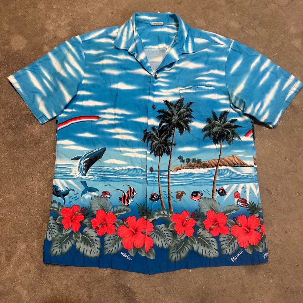 Vintage Kalena Fashions Hawaiian Shirt Mens L Blue Whale Tropical Fish Hibiscus